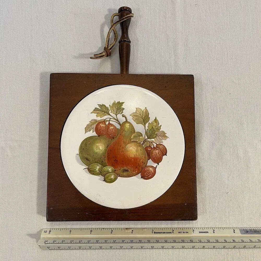 Trivet Vintage Ceramic Tile Wood Hanger Mixed Fruits Hot Plate MCM Cottagecore
